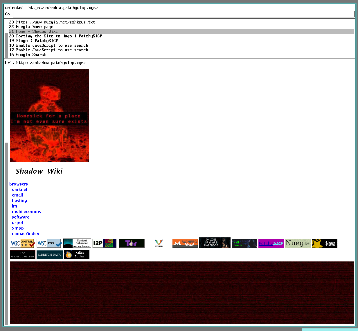 Mothra with the ShadowWiki homepage open.